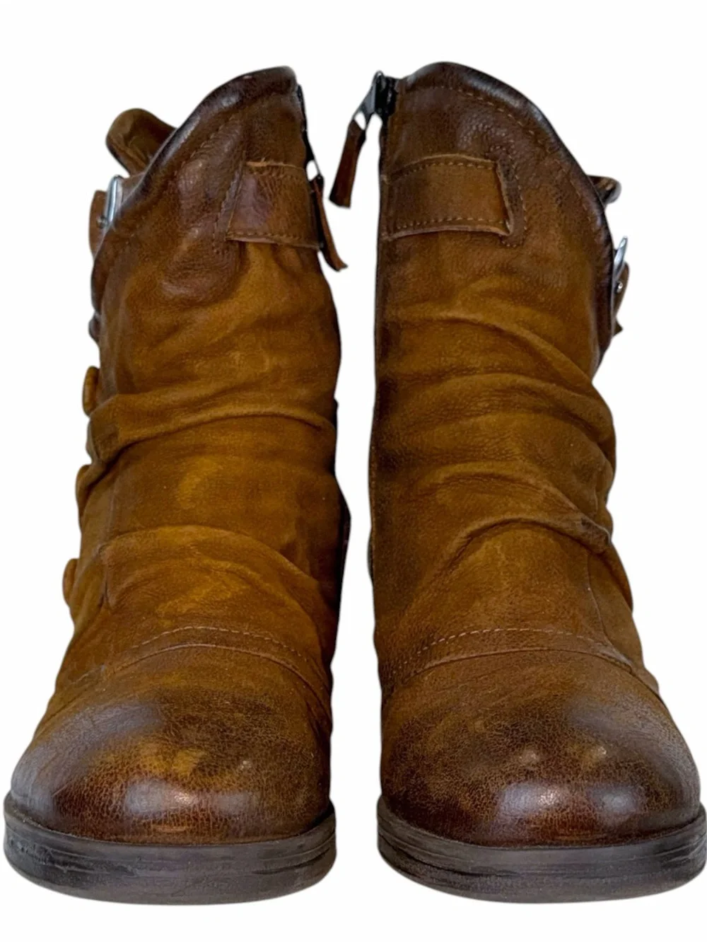 Miz Mooz Sidney Brown Leather Stacked Block Heel Button Side Zip Ankle Boots